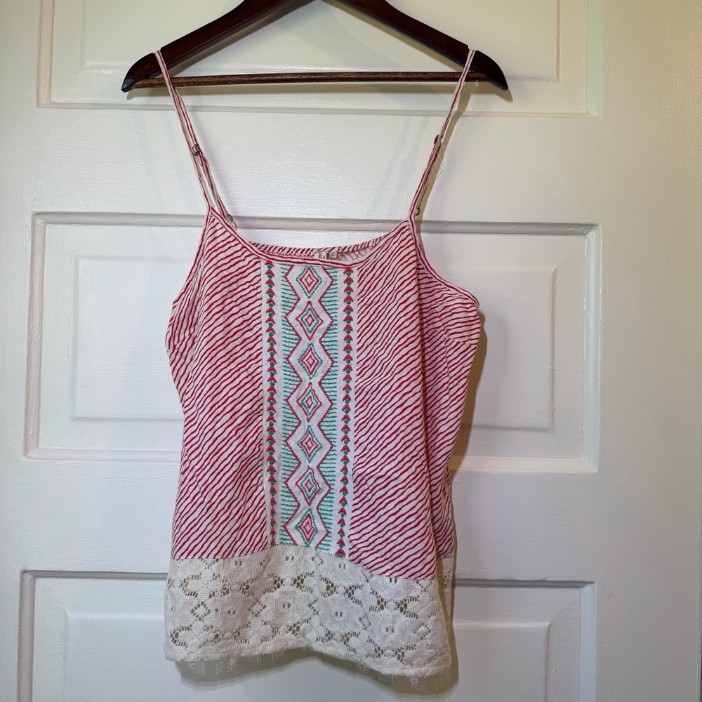Red Camel Striped Embroidered Lace-Hem Camisole
